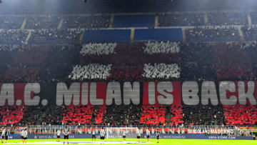 SAN SIRO STADIUM, MILANO, ITALY - 2021/09/28: AC Milan supporters choreography is seen during the Uefa Champions League group B football match between AC Milan and Atletico Madrid. Atletico Madrid won 2-1 over AC Milan. (Photo by Andrea Staccioli/Insidefoto/LightRocket via Getty Images)