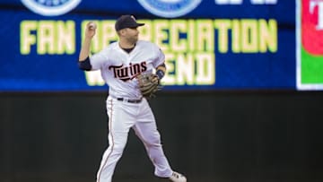 Sep 22, 2016; Minneapolis, MN, USA; Minnesota Twins second baseman Brian Dozier (2) throws throws the ball to first base in the sixth inning against the Detroit Tigers at Target Field. Mandatory Credit: Jesse Johnson-USA TODAY Sports