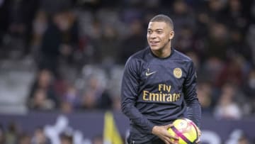 TOULOUSE, FRANCE - March 31: Kylian Mbappe #7 of Paris Saint-Germain during pre games warm up before the Toulouse FC V Paris Saint-Germain, French Ligue 1 regular season match at the Stadium Municipal de Toulouse on March 31st 2019 in Toulouse, France (Photo by Tim Clayton/Corbis via Getty Images)