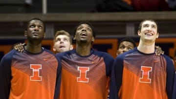 Dec 17, 2014; Champaign, IL, USA; Illinois Fighting Illini players react to a highlight video during pregame against the Hampton Pirates at State Farm Center. Mandatory Credit: Mike Granse-USA TODAY Sports