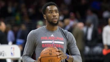 Nov 2, 2015; Philadelphia, PA, USA; Philadelphia 76ers guard Tony Wroten (1) before action against the Cleveland Cavaliers at Wells Fargo Center. The Cavaliers won 107-100. Mandatory Credit: Bill Streicher-USA TODAY Sports