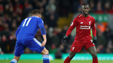 LIVERPOOL, ENGLAND - JANUARY 30: Naby Keita of Liverpool is faced by Marc Albrighton of Leicester City during the Premier League match between Liverpool FC and Leicester City at Anfield on January 30, 2019 in Liverpool, United Kingdom. (Photo by Clive Brunskill/Getty Images)