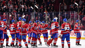 MONTREAL, QC - OCTOBER 28: Members of the Montreal Canadiens acknowledge the fans after defeating the New York Rangers 5-4 during the NHL game at the Bell Centre on October 28, 2017 in Montreal, Quebec, Canada. (Photo by Minas Panagiotakis/Getty Images)