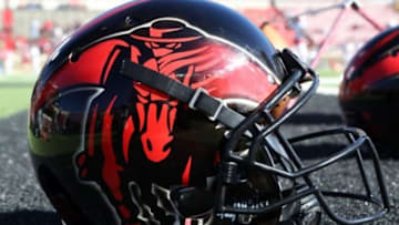 Nov 15, 2014; Lubbock, TX, USA; A Texas Tech Red Raiders masked rider helmet on the field before the game with the Oklahoma Sooners at Jones AT&T Stadium. Mandatory Credit: Michael C. Johnson-USA TODAY Sports