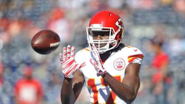 Nov 22, 2015; San Diego, CA, USA; Kansas City Chiefs wide receiver Chris Conley (17) warms up before the game against the San Diego Chargers at Qualcomm Stadium. Kansas City won 33-3. Mandatory Credit: Orlando Ramirez-USA TODAY Sports