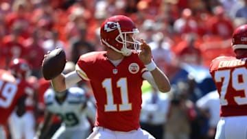 Aug 13, 2016; Kansas City, MO, USA; Kansas City Chiefs quarterback Alex Smith (11) throws a pass against the Seattle Seahawks in the first half at Arrowhead Stadium. Mandatory Credit: John Rieger-USA TODAY Sports