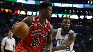 Dec 9, 2015; Boston, MA, USA; Chicago Bulls guard Jimmy Butler (21) works the ball against Boston Celtics forward Jae Crowder (99)in the second quarter at TD Garden. Mandatory Credit: David Butler II-USA TODAY Sports