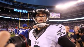 Dec 28, 2014; East Rutherford, NJ, USA; Philadelphia Eagles quarterback Mark Sanchez (3) walks off the field after the game against the New York Giants at MetLife Stadium. The Eagles defeated the Giants 34-26. Mandatory Credit: Brad Penner-USA TODAY Sports