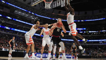 Mar 25, 2016; Chicago, IL, USA; Gonzaga Bulldogs forward Domantas Sabonis (11) prepares to shoot against Syracuse Orange forward Tyler Roberson (21) and guard Malachi Richardson (23) during the second half in a semifinal game in the Midwest regional of the NCAA Tournament at United Center. Mandatory Credit: David Banks-USA TODAY Sports