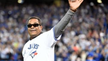 Oct 14, 2015; Toronto, Ontario, CAN; Toronto Blue Jays former player George Bell waves before throwing out the ceremonial first pitch before game five of the ALDS against the Texas Rangers at Rogers Centre. Mandatory Credit: Nick Turchiaro-USA TODAY Sports