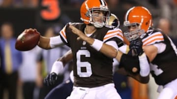 Aug 8, 2013; Cleveland, OH, USA; Cleveland Browns quarterback Brian Hoyer (6) throws against the St. Louis Rams during the fourth quarter at FirstEnergy Field. Mandatory Credit: Ron Schwane-USA TODAY Sports
