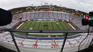 LITTLE ROCK, AR - NOVEMBER 29: Overall view of Warm Memorial Stadium before the Arkansas Razorbacks versus the Missouri Tigers at War Memorial Stadium on November 29, 2019 in Little Rock, Arkansas (Photo by Wesley Hitt/Getty Images)
