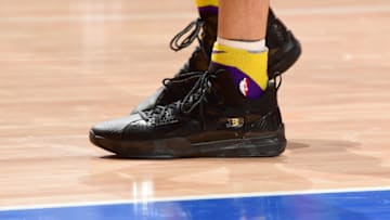 DETROIT, MI - MARCH 26: The sneakers of Lonzo Ball #2 of the Los Angeles Lakers during the game against the Detroit Pistons on March 26, 2018 at Little Caesars Arena in Detroit, Michigan. NOTE TO USER: User expressly acknowledges and agrees that, by downloading and/or using this photograph, user is consenting to the terms and conditions of the Getty Images License Agreement. Mandatory Copyright Notice: Copyright 2018 NBAE (Photo by Chris Schwegler/NBAE via Getty Images)