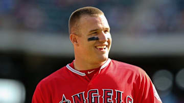May 1, 2016; Arlington, TX, USA; Los Angeles Angels center fielder Mike Trout (27) laughs during the eighth inning against the Texas Rangers at Globe Life Park in Arlington. Mandatory Credit: Kevin Jairaj-USA TODAY Sports