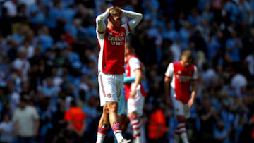 MANCHESTER, ENGLAND - AUGUST 28: Emile Smith Rowe of Arsenal reacts after the Premier League match between Manchester City and Arsenal at Etihad Stadium on August 28, 2021 in Manchester, England. (Photo by Chloe Knott - Danehouse/Getty Images)