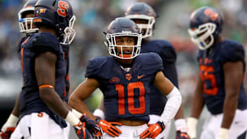 EAST RUTHERFORD, NJ - OCTOBER 01: Sterling Hofrichter #10 of the Syracuse Orange reacts in the fourth quarter against the Notre Dame Fighting Irish at MetLife Stadium on October 1, 2016 in East Rutherford, New Jersey.The Notre Dame Fighting Irish defeated the Syracuse Orange 50-33. (Photo by Elsa/Getty Images)