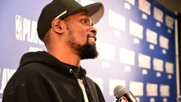 LOS ANGELES, CA - APRIL 26: Kevin Durant #35 of the Golden State Warriors speaks to the media after Game Six of Round One against the LA Clippers during the 2019 NBA Playoffs on April 26, 2019 at STAPLES Center in Los Angeles, California. NOTE TO USER: User expressly acknowledges and agrees that, by downloading and/or using this photograph, user is consenting to the terms and conditions of the Getty Images License Agreement. Mandatory Copyright Notice: Copyright 2019 NBAE (Photo by Andrew D. Bernstein/NBAE via Getty Images)