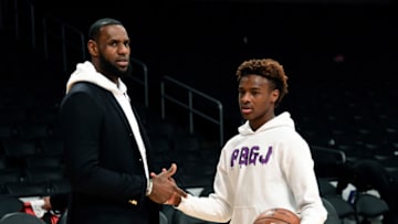 LOS ANGELES, CA - DECEMBER 28: LeBron James #23 of the Los Angeles Lakers and his son LeBron James Jr., on the court after the Los Angeles Clippers and Los Angeles Lakers basketball game at Staples Center on December 28, 2018 in Los Angeles, California. NOTE TO USER: User expressly acknowledges and agrees that, by downloading and or using this photograph, User is consenting to the terms and conditions of the Getty Images License Agreement. (Photo by Kevork Djansezian/Getty Images)