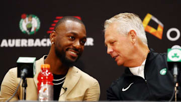 BOSTON, MASSACHUSETTS - JULY 17: Kemba Walker talks with Celtics President of Basketball Operations Danny Ainge during a press conference as he is introduced as a member of the Boston Celtics at the Auerbach Center at New Balance World Headquarters on July 17, 2019 in Boston, Massachusetts. (Photo by Tim Bradbury/Getty Images)