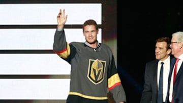 LAS VEGAS, NV - JUNE 21: Defenseman Brayden McNabb of the Vegas Golden Knights acknowledges the audience onstage during the 2017 NHL Awards