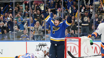 St. Louis Blues right wing Scottie Upshall reacts after scoring in the third period against the New York Islanders on Saturday, Nov. 11, 2017, at the Scottrade Center in St. Louis, Mo. (Chris Lee/St. Louis Post-Dispatch/TNS via Getty Images)