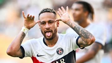 TOPSHOT - Paris Saint-Germain's Neymar celebrates after scoring a goal against Jeonbuk Hyundai Motors during their friendly football match at the Asiad Main Stadium in Busan on August 3, 2023. (Photo by ANTHONY WALLACE / AFP) (Photo by ANTHONY WALLACE/AFP via Getty Images)