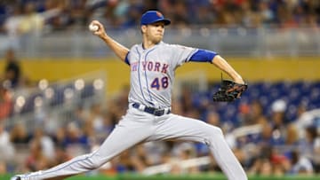 MIAMI, FL - JUNE 30: Jacob deGrom #48 of the New York Mets delivers a pitch in the second inning against the Miami Marlins at Marlins Park on June 30, 2018 in Miami, Florida. (Photo by Michael Reaves/Getty Images)