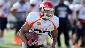 Jan 28, 2016; Mobile, AL, USA; South squad running back Jonathan Williams of Arkansas (32) carries the ball during Senior Bowl practice at Ladd-Peebles Stadium. Mandatory Credit: Glenn Andrews-USA TODAY Sports