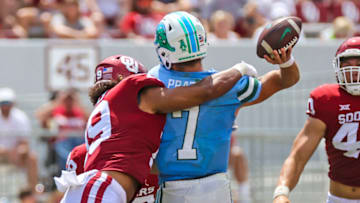 Sep 4, 2021; Norman, Oklahoma, USA; Oklahoma Sooners linebacker Caleb Kelly (19) pressures Tulane Green Wave quarterback Michael Pratt (7) during the third quarter at Gaylord Family-Oklahoma Memorial Stadium. Mandatory Credit: Kevin Jairaj-USA TODAY Sports