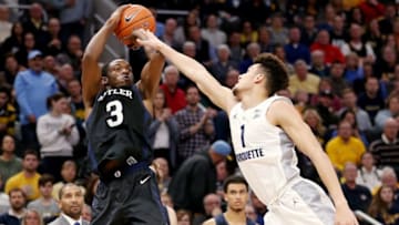 MILWAUKEE, WISCONSIN - FEBRUARY 20: Kamar Baldwin #3 of the Butler Bulldogs attempts a shot while being guarded by Brendan Bailey #1 of the Marquette Golden Eagles in the second half at the Fiserv Forum on February 20, 2019 in Milwaukee, Wisconsin. (Photo by Dylan Buell/Getty Images)
