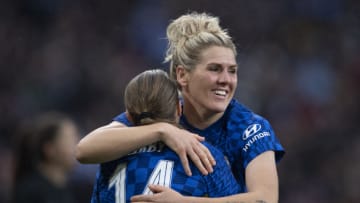 LONDON, ENGLAND - DECEMBER 05: Fran Kirby of Chelsea celebrates scoring the first goal with Millie Bright during the Vitality Women's FA Cup Final between Arsenal FC and Chelsea FC at Wembley Stadium on December 05, 2021 in London, England. (Photo by Visionhaus/Getty Images)