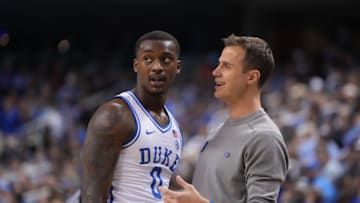 Duke basketball wing Dariq Whitehead and head coach Jon Scheyer (Bob Donnan-USA TODAY Sports)