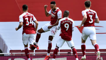 LONDON, ENGLAND - JULY 26: Pierre-Emerick Aubameyang of Arsenal celebrates scoring a penalty during the Premier League match between Arsenal FC and Watford FC at Emirates Stadium on July 26, 2020 in London, England. Football Stadiums around Europe remain empty due to the Coronavirus Pandemic as Government social distancing laws prohibit fans inside venues resulting in all fixtures being played behind closed doors. (Photo by Rui Vieira/Pool via Getty Images)