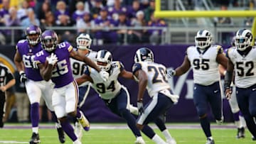 MINNEAPOLIS, MN - NOVEMBER 19: Latavius Murray #25 of the Minnesota Vikings carries the ball in the second half of the game against the Los Angeles Rams on November 19, 2017 at U.S. Bank Stadium in Minneapolis, Minnesota. (Photo by Adam Bettcher/Getty Images)