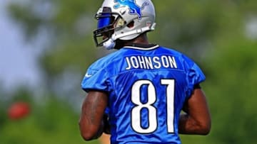 Aug 2, 2013; Allen Park, MI, USA; Detroit Lions wide receiver Calvin Johnson (81) during training camp at Detroit Lions training facility. Mandatory Credit: Andrew Weber-USA TODAY Sports