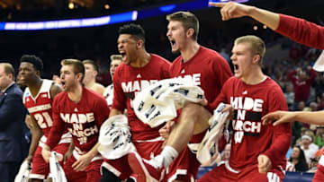 Mar 25, 2016; Philadelphia, PA, USA; The Wisconsin Badgers bench reacts to a play against the Notre Dame Fighting Irish during the second half in a semifinal game in the East regional of the NCAA Tournament at Wells Fargo Center. Mandatory Credit: Bob Donnan-USA TODAY Sports
