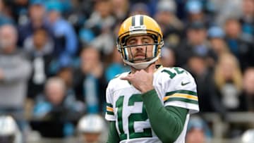 CHARLOTTE, NC - DECEMBER 17: Aaron Rodgers #12 of the Green Bay Packers looks to the sideline against the Carolina Panthers in the fourth quarter during their game at Bank of America Stadium on December 17, 2017 in Charlotte, North Carolina. (Photo by Grant Halverson/Getty Images)
