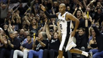 Jun 5, 2014; San Antonio, TX, USA; San Antonio Spurs guard Patty Mills (8) reacts after making a basket during the first quarter against the Miami Heat in game one of the 2014 NBA Finals at AT&T Center. Mandatory Credit: Soobum Im-USA TODAY Sports