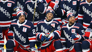 The New York Rangers pose before the 2018 Bridgestone NHL Winter Classic on New Years Day. (Photo by Bruce Bennett/Getty Images)