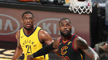 CLEVELAND, OH - APRIL 25: LeBron James #23 of the Cleveland Cavaliers boxes out against Thaddeus Young #21 of the Indiana Pacers in Game Five of Round One of the 2018 NBA Playoffs on April 25, 2018 at Quicken Loans Arena in Cleveland, Ohio. NOTE TO USER: User expressly acknowledges and agrees that, by downloading and or using this photograph, user is consenting to the terms and conditions of Getty Images License Agreement. Mandatory Copyright Notice: Copyright 2018 NBAE (Photo by Nathaniel S. Butler/NBAE via Getty Images)