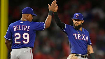 ANAHEIM, CA - JUNE 02: Adrian Beltre #29 of the Texas Rangers and Rougned Odor #12 celebrate their win over the Los Angeles Angels of Anaheim at Angel Stadium on June 2, 2018 in Anaheim, California. (Photo by John McCoy/Getty Images)