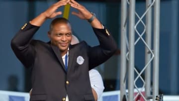 Jul. 20, 2012; South Bend, IN, USA; Eddie George of Ohio State forms the letter O with his arms after receiving his blazer at the Hall of Fame blazer presentation at the College Football Hall of Fame. Mandatory Credit: Matt Cashore-USA TODAY Sports