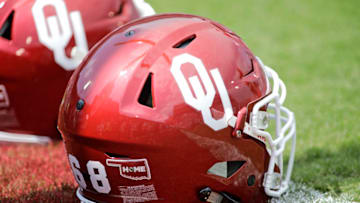 NORMAN, OK - SEPTEMBER 02: Oklahoma Sooners helmet on the field before the game against the UTEP Miners at Gaylord Family Oklahoma Memorial Stadium on September 2, 2017 in Norman, Oklahoma. Oklahoma defeated UTEP 56-7. (Photo by Brett Deering/Getty Images) *** local caption ***