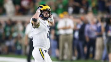 SOUTH BEND, IN - SEPTEMBER 01: Michigan Wolverines quarterback Shea Patterson (2) watches the video board as he walks to the sideline after fumbling the ball away during game action between the Michigan Wolverines (14) and the Notre Dame Fighting Irish (12) on September 1, 2018 at Notre Dame Stadium in South Bend, Indiana. Notre Dame defeated Michigan 24-17. (Photo by Scott W. Grau/Icon Sportswire via Getty Images)