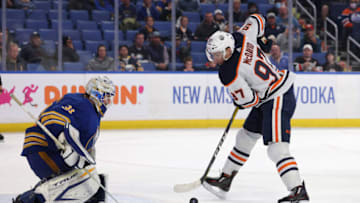 Buffalo Sabres goaltender Dustin Tokarski (31) watches as Edmonton Oilers center Connor McDavid (97) Mandatory Credit: Timothy T. Ludwig-USA TODAY Sports