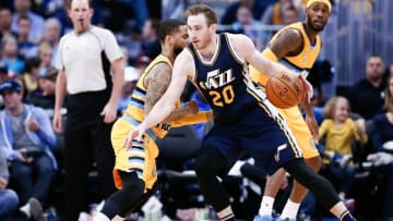 Apr 10, 2016; Denver, CO, USA; Denver Nuggets guard D.J. Augustin (12) defends against Utah Jazz forward Gordon Hayward (20) in the third quarter at the Pepsi Center. Mandatory Credit: Isaiah J. Downing-USA TODAY Sports