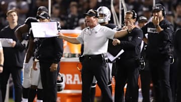 OAKLAND, CA - SEPTEMBER 10: Head coach Jon Gruden of the Oakland Raiders reacts to a play against the Los Angeles Rams during their NFL game at Oakland-Alameda County Coliseum on September 10, 2018 in Oakland, California. (Photo by Ezra Shaw/Getty Images)