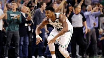 BOSTON, MA - MAY 3: Marcus Smart #36 of the Boston Celtics celebrates after hitting a three point shot against the Philadelphia 76ers during the second quarter of Game Two of the Eastern Conference Second Round of the 2018 NBA Playoffs at TD Garden on May 3, 2018 in Boston, Massachusetts. (Photo by Maddie Meyer/Getty Images)