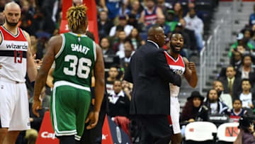 Nov 9, 2016; Washington, DC, USA; Washington Wizards guard John Wall (2) yells at Boston Celtics guard Marcus Smart (36) after being ejected from the game during the second half at Verizon Center. Mandatory Credit: Brad Mills-USA TODAY Sports
