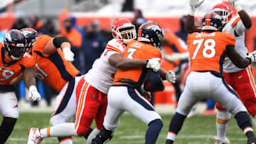 Oct 25, 2020; Denver, Colorado, USA; Kansas City Chiefs defensive tackle Chris Jones (95) sacks Denver Broncos quarterback Drew Lock (3) in the first half at Empower Field at Mile High. Mandatory Credit: Ron Chenoy-USA TODAY Sports